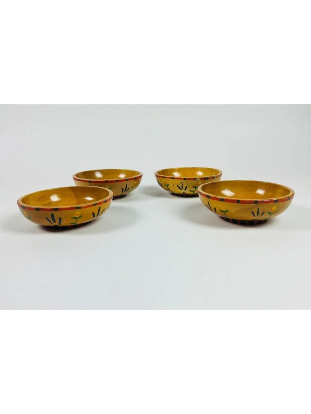 Vintage Occupied Japan Wooden Bowls 4 Floral Yellow & Green Rustic Decor